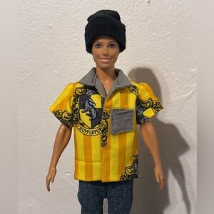 Handcrafted hufflepuff themed doll shirt lined in gray